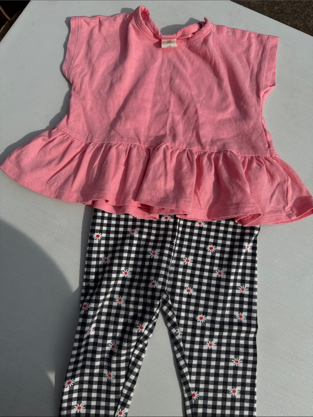 Tucker & Tate Pink Ruffle Peplum Top with Black Gingham Daisy Leggings